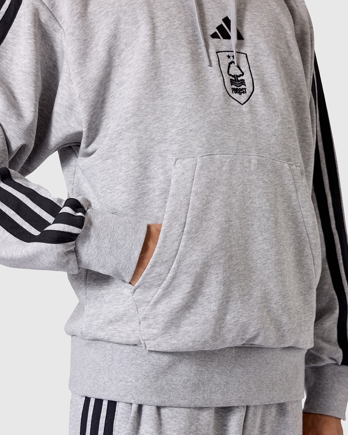 NFFC adidas Grey Marl 3-Stripe Hoodie - Nottingham Forest FC