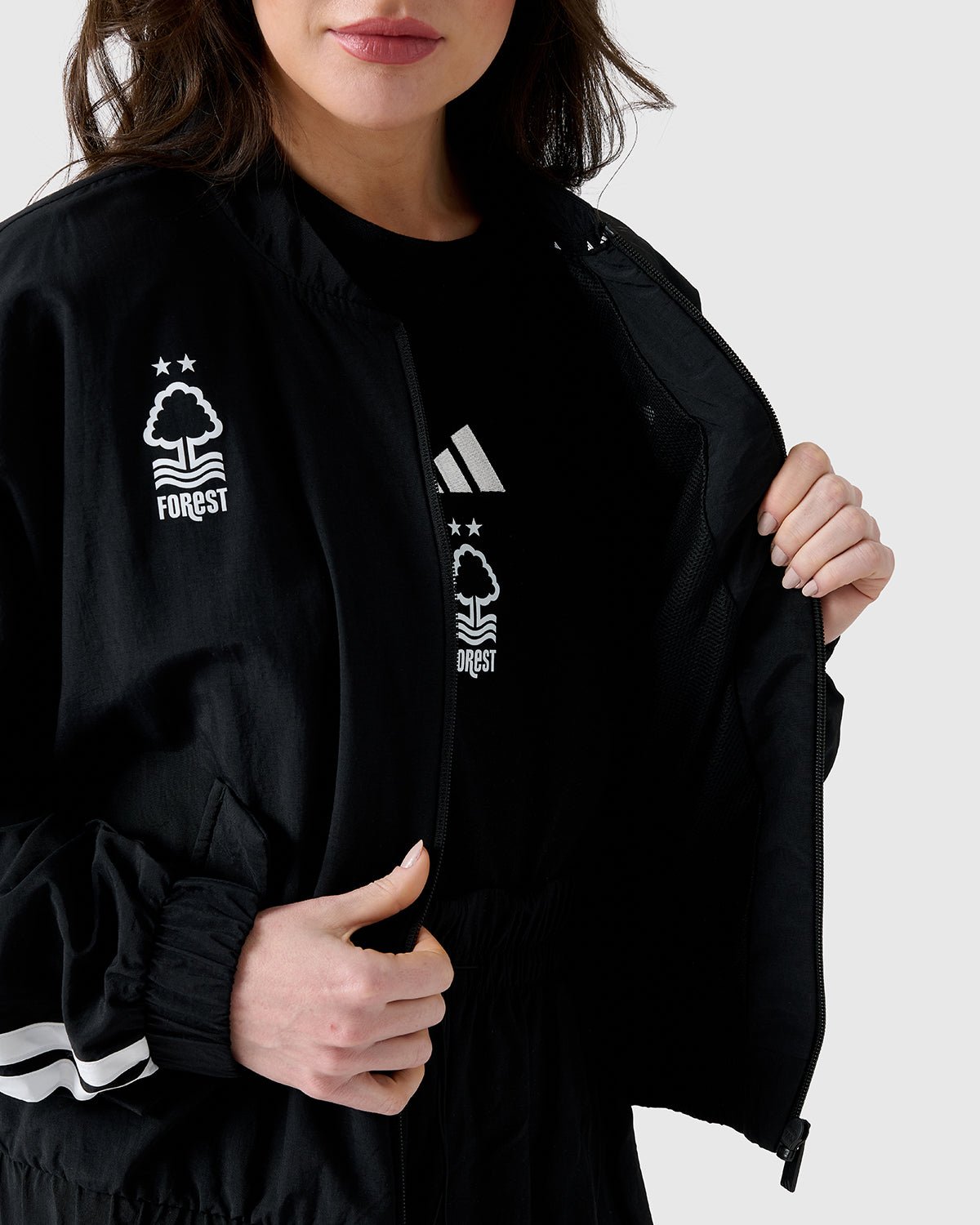 NFFC Adidas Women's 3 - Stripe Black Woven Bomber Jacket - Nottingham Forest FC
