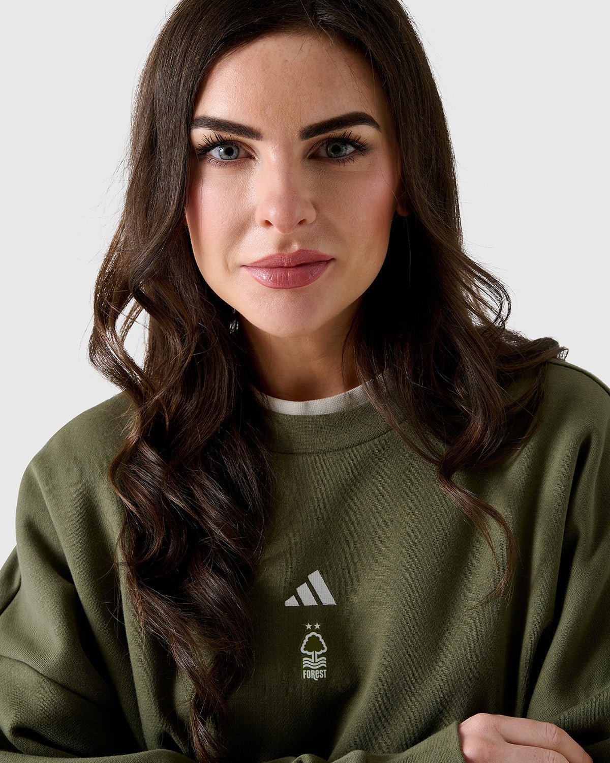 NFFC Adidas Women's Small Logo Olive Crewneck Sweatshirt - Nottingham Forest FC