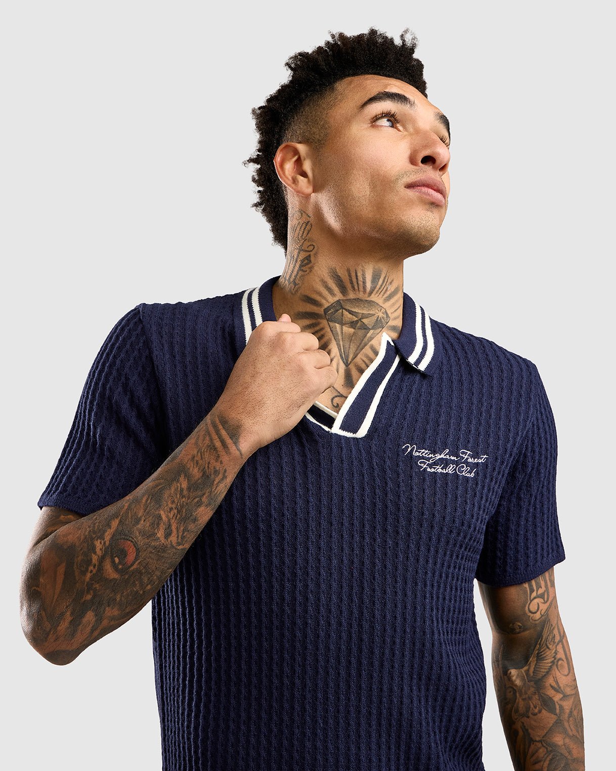 NFFC Navy Cable Knit Open Collar Polo - Nottingham Forest FC