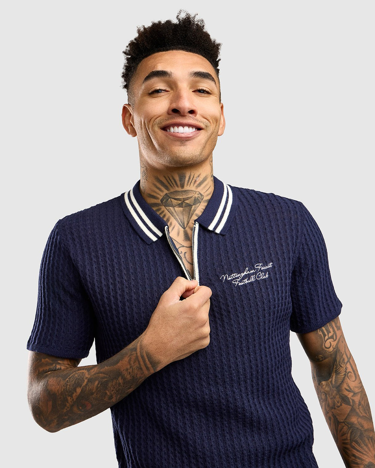 NFFC Navy Cable Knit Zip Polo - Nottingham Forest FC