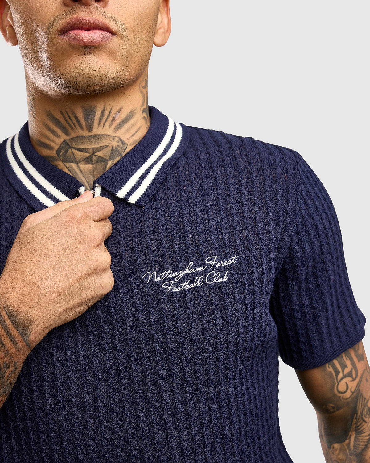 NFFC Navy Cable Knit Zip Polo - Nottingham Forest FC