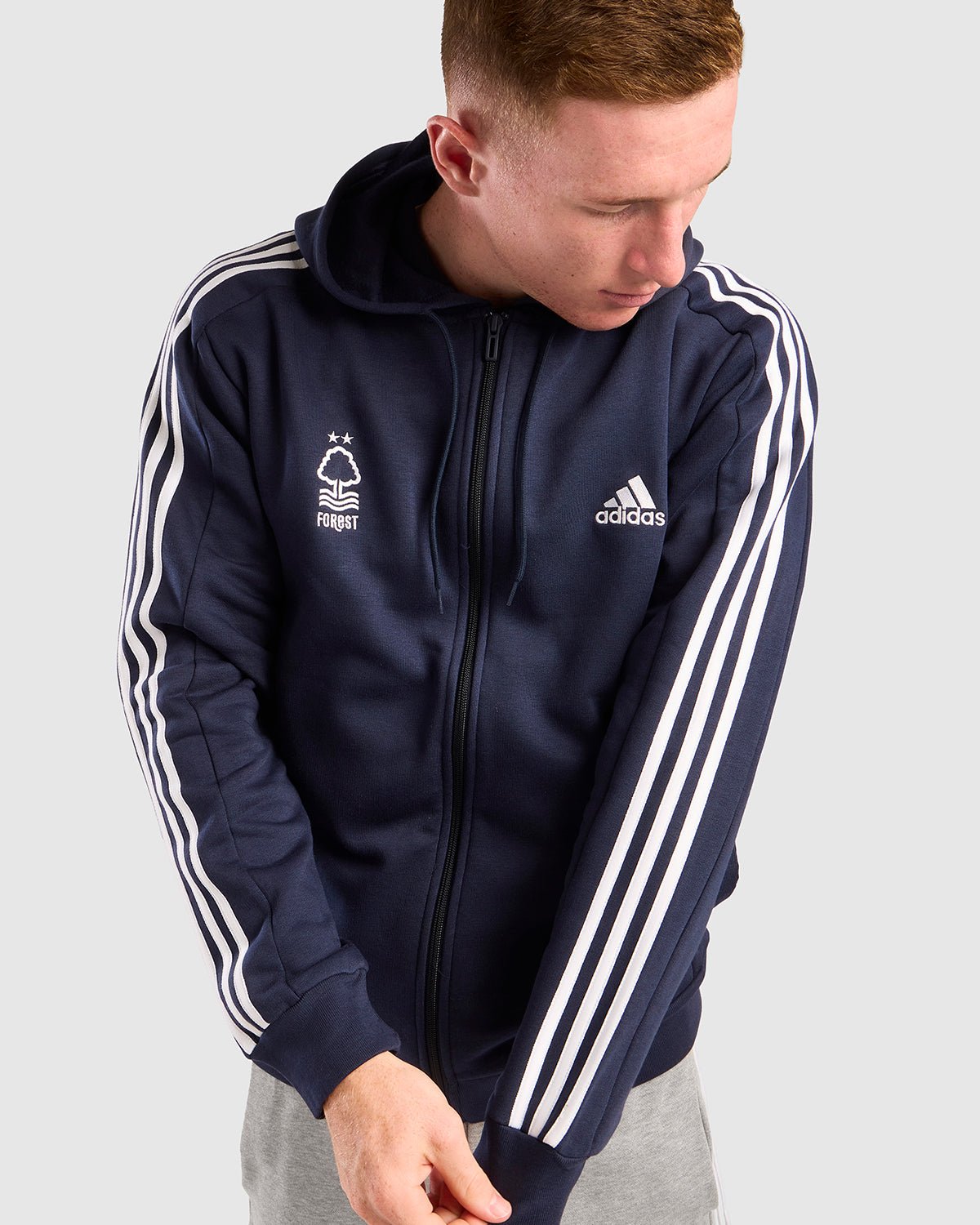 NFFC Adidas Essentials Navy 3 - Stripe Full Zip Hoodie - Nottingham Forest FC