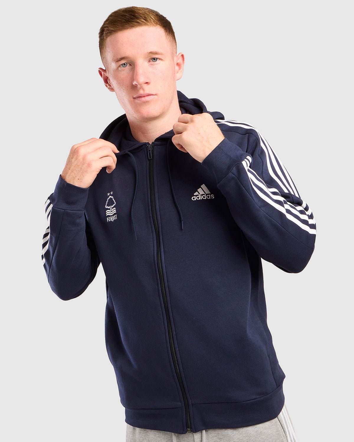 NFFC Adidas Essentials Navy 3 - Stripe Full Zip Hoodie - Nottingham Forest FC