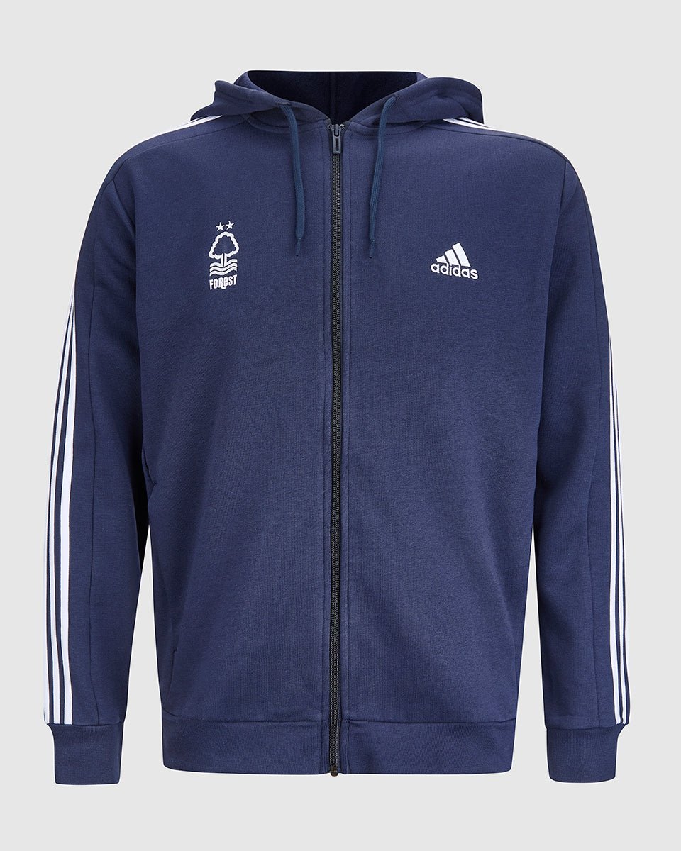 NFFC Adidas Essentials Navy 3 - Stripe Full Zip Hoodie - Nottingham Forest FC