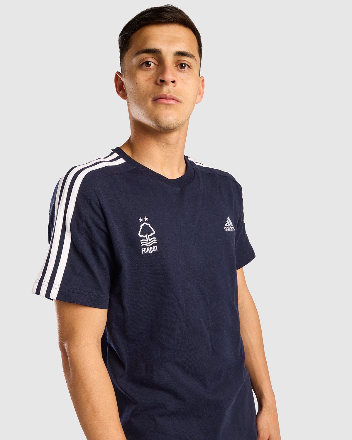 NFFC Adidas Essentials Navy 3 - Stripe T-Shirt - Nottingham Forest FC