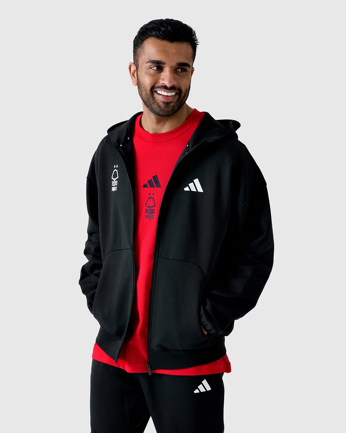 NFFC Adidas Future Icons Small Logo Black Full Zip Hoodie - Nottingham Forest FC