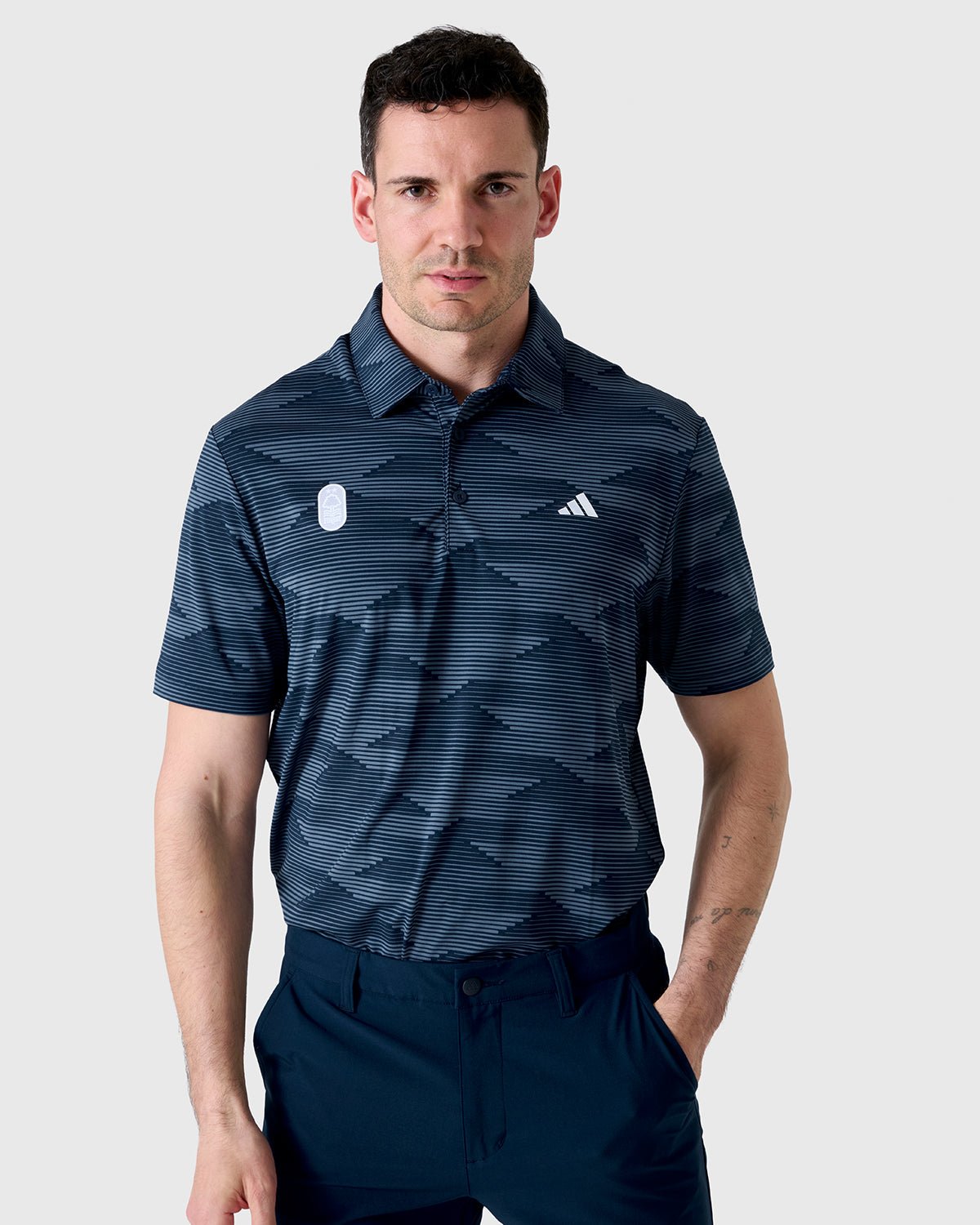 NFFC Adidas Golf Ultimate365 Speed Stripe Navy Polo Shirt - Nottingham Forest FC