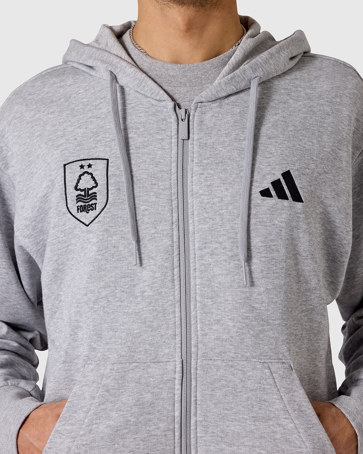 NFFC adidas Grey Marl 3-Stripe Full Zip Hoodie - Nottingham Forest FC