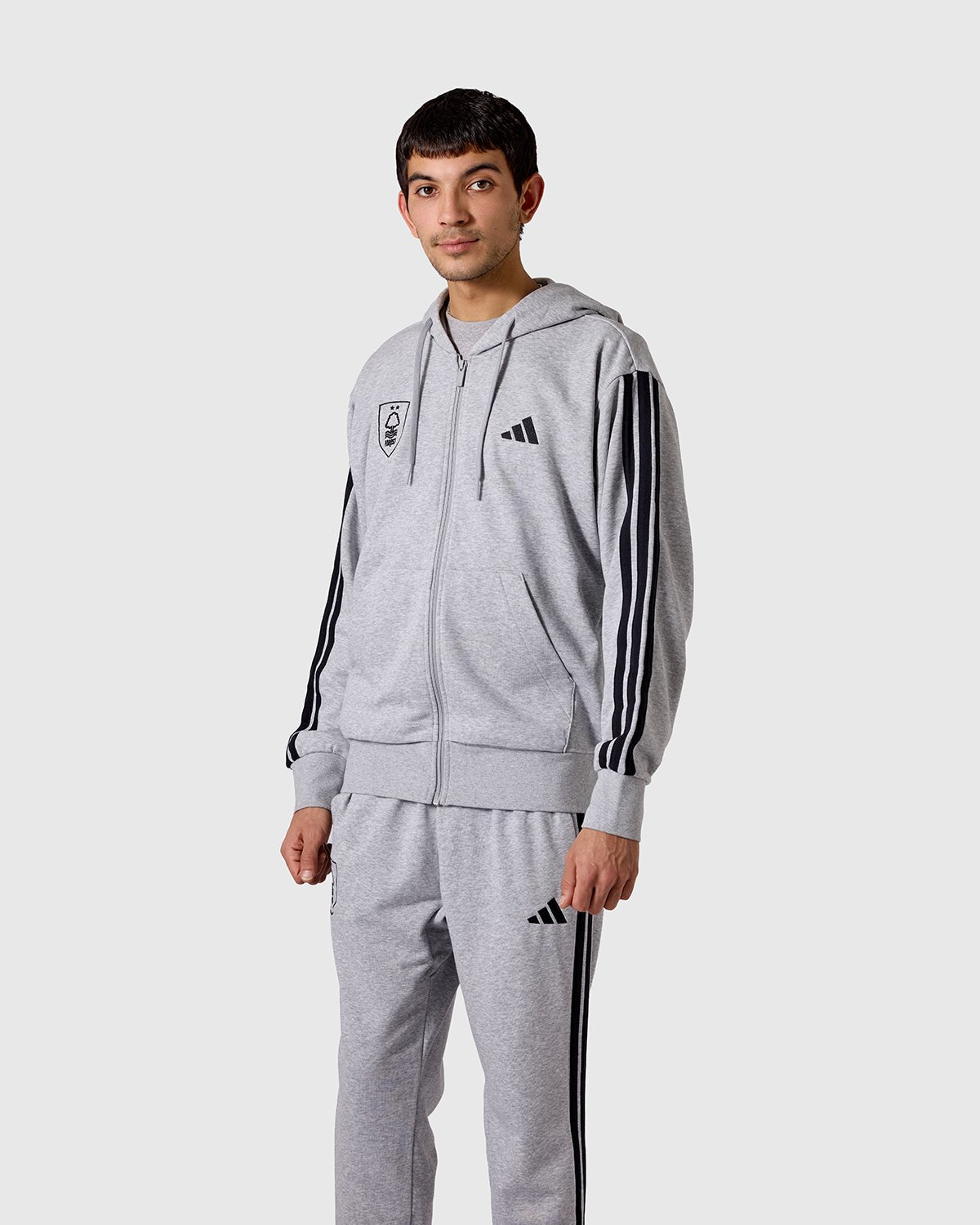 NFFC adidas Grey Marl 3-Stripe Full Zip Hoodie - Nottingham Forest FC