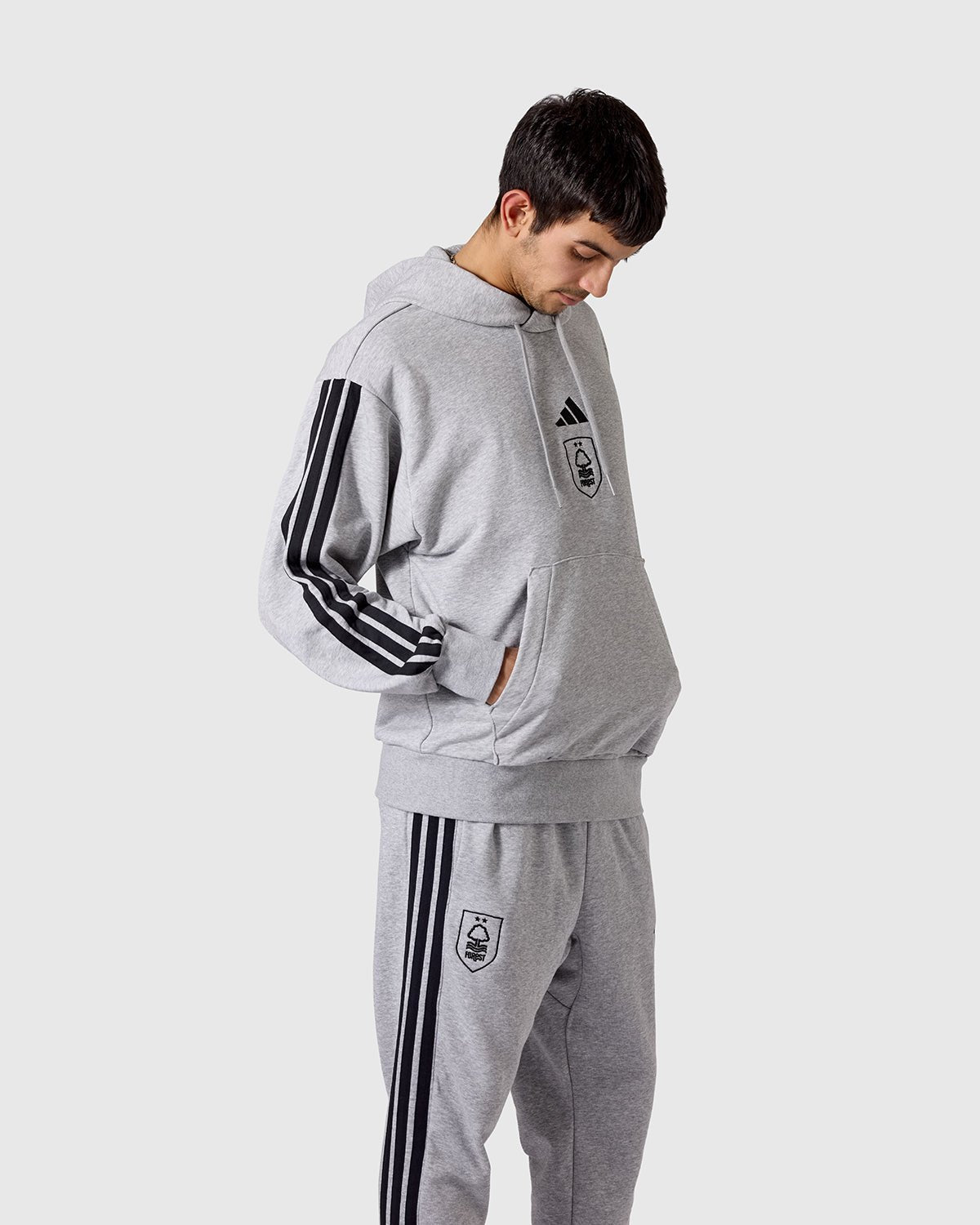NFFC adidas Grey Marl 3-Stripe Hoodie - Nottingham Forest FC