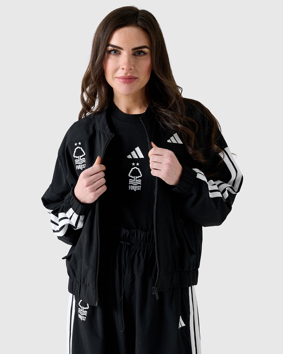 NFFC Adidas Women's 3 - Stripe Black Woven Bomber Jacket - Nottingham Forest FC