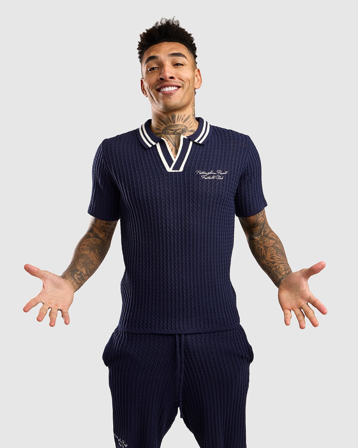 NFFC Navy Cable Knit Open Collar Polo - Nottingham Forest FC