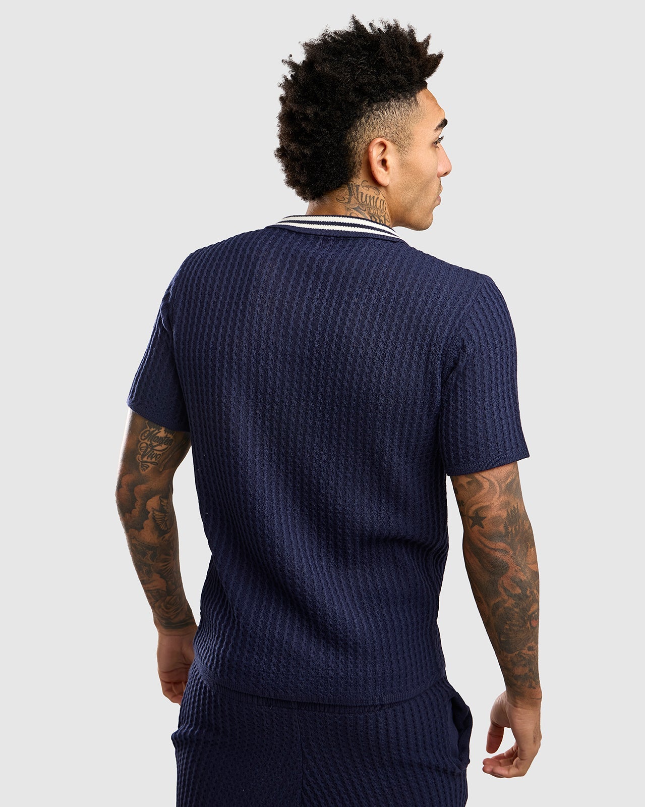 NFFC Navy Cable Knit Open Collar Polo - Nottingham Forest FC