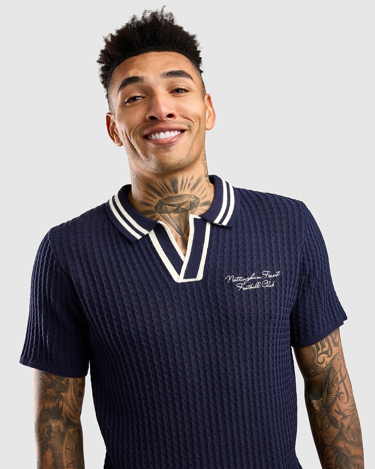NFFC Navy Cable Knit Open Collar Polo - Nottingham Forest FC