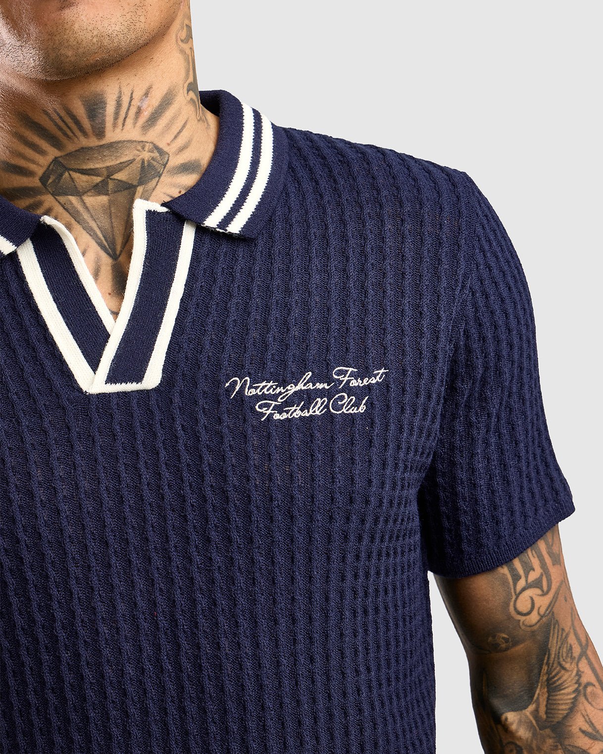 NFFC Navy Cable Knit Open Collar Polo - Nottingham Forest FC