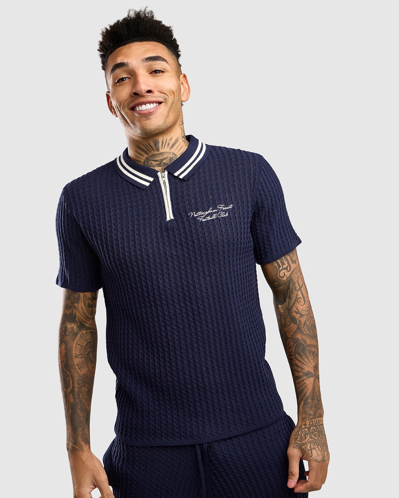 NFFC Navy Cable Knit Zip Polo - Nottingham Forest FC